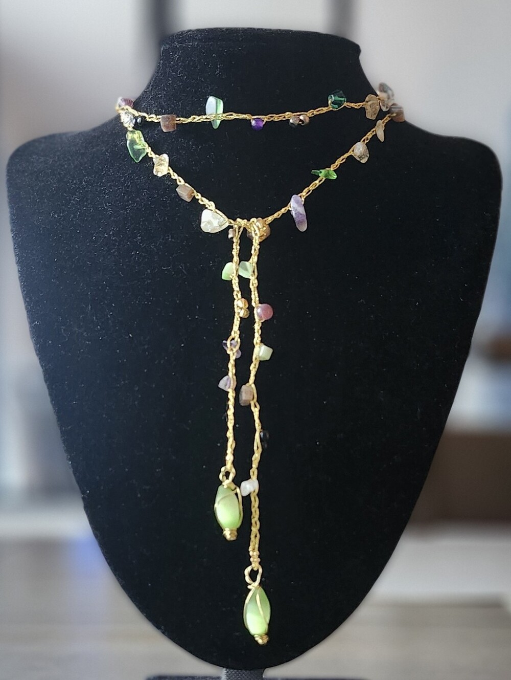 Gold Tone Multi-Color Beaded Lariat Necklace with Green Drops Cateye